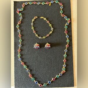 Authentic Swarovski Signed Vintage Multicolor Bezel Gold plated Necklace Set